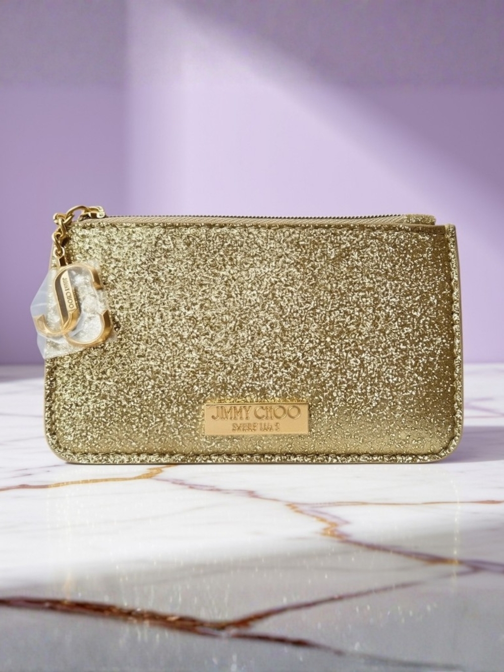 Jimmy Choo Gold Glitter Zip Pouch Clutch